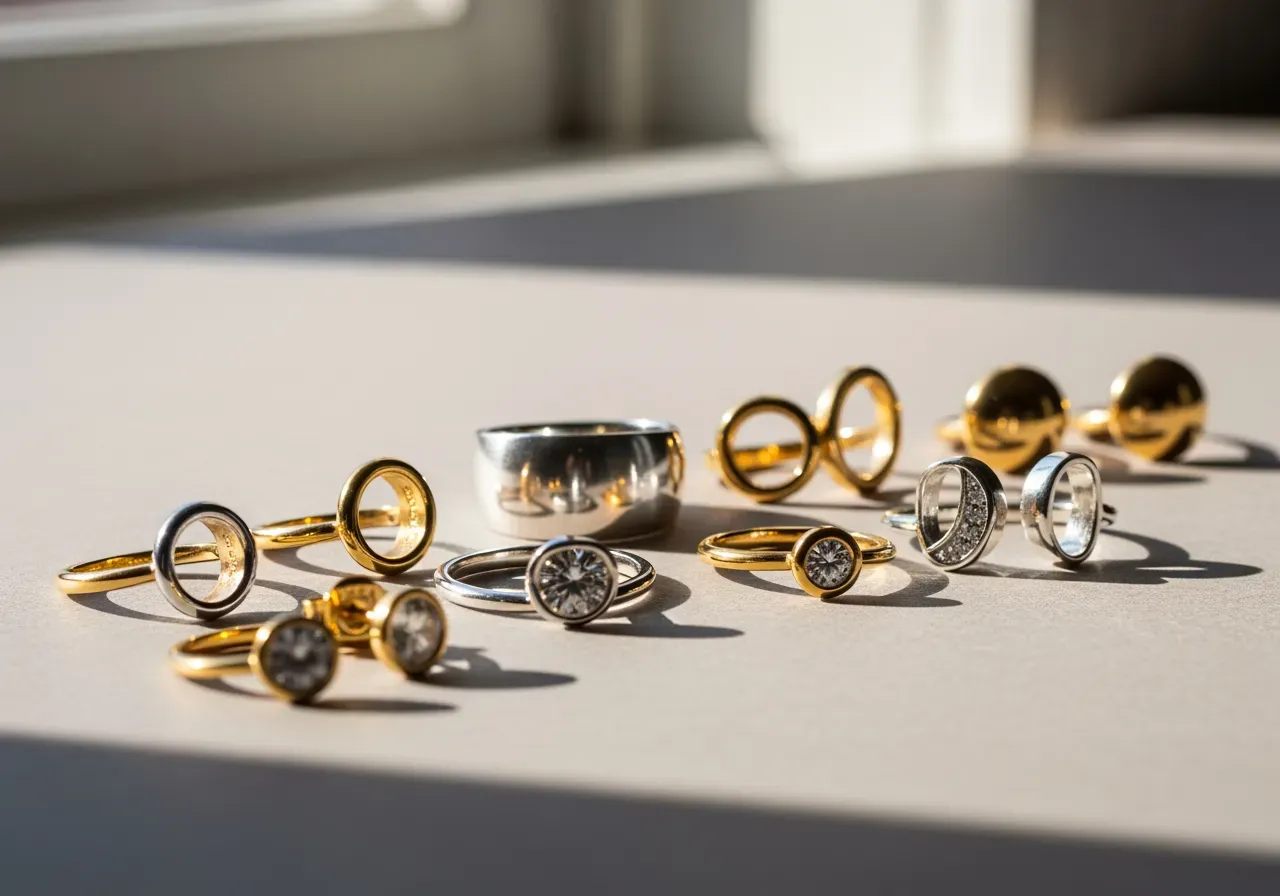 Ringar och örhängen i guld och silver