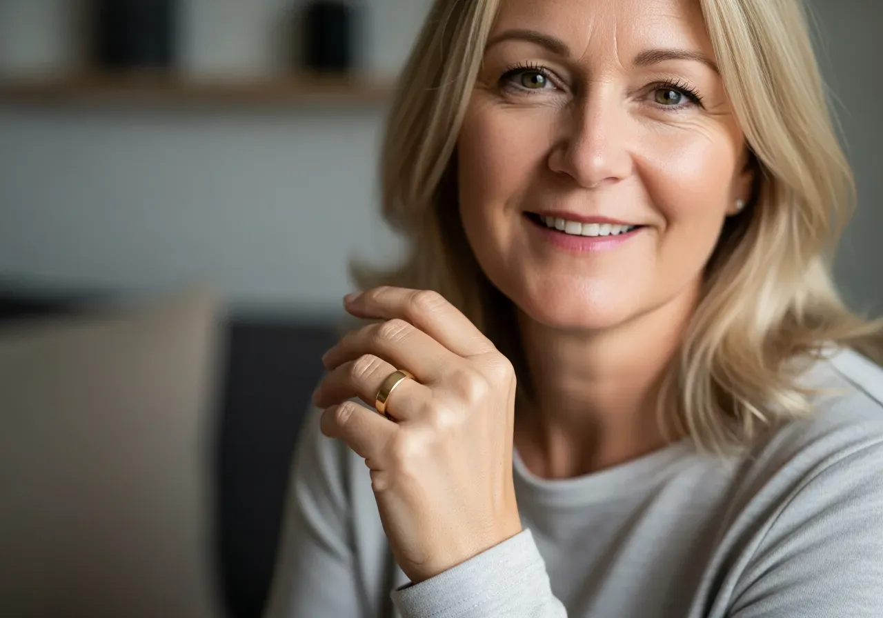 Glad kvinna med guldring på fingret