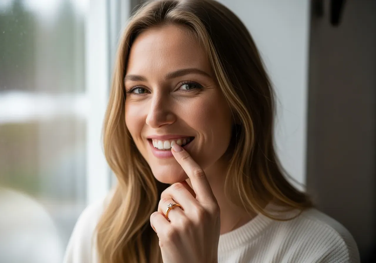 Glad kvinna med guldring på fingret