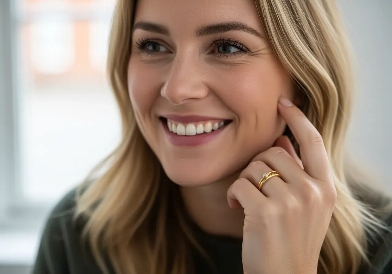 Glad kvinna med guldring på fingret