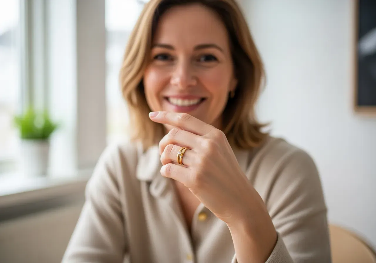 Glad kvinna med guldring på fingret