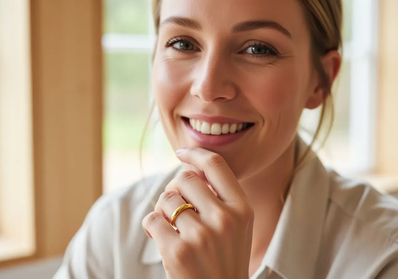 Glad kvinna med guldring på fingret