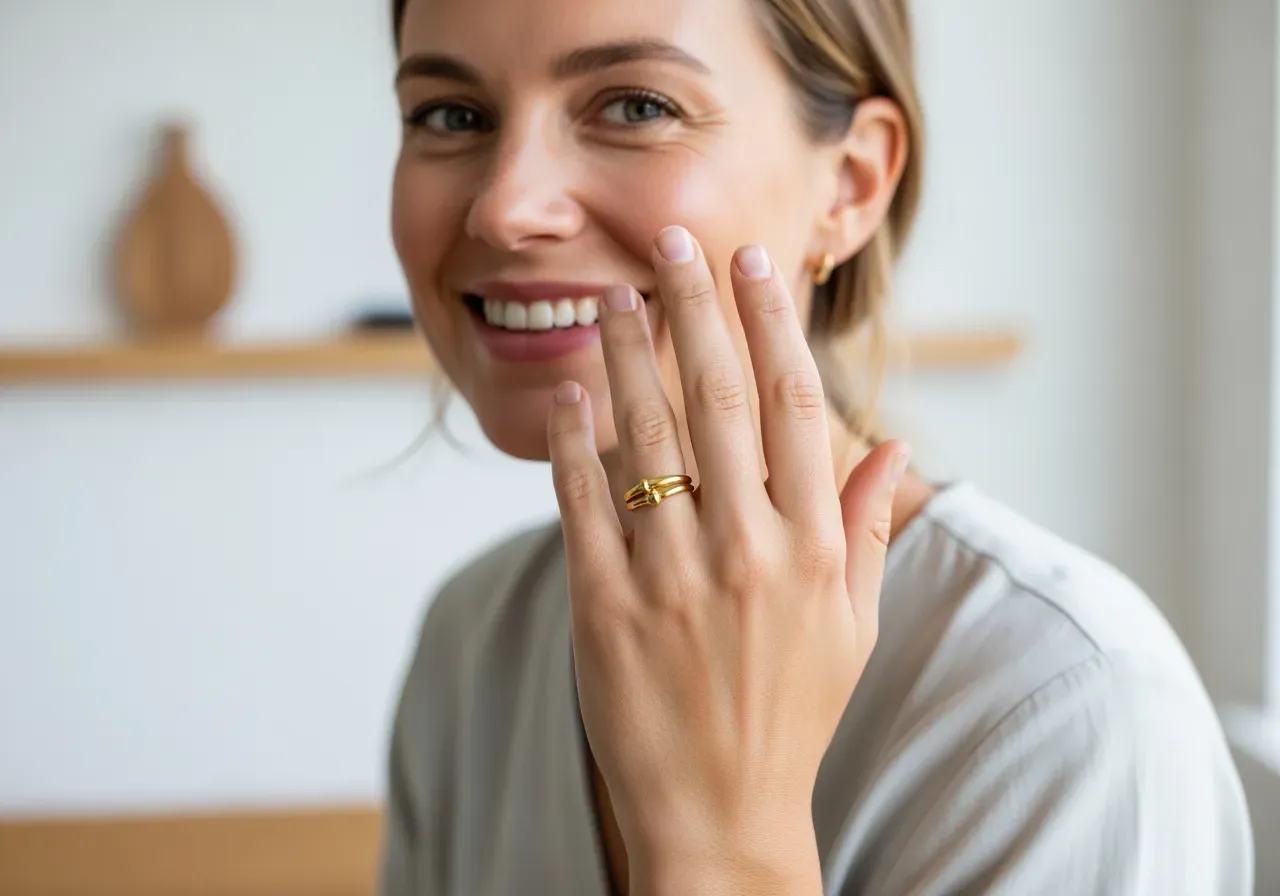 Glad kvinna med guldring på fingret