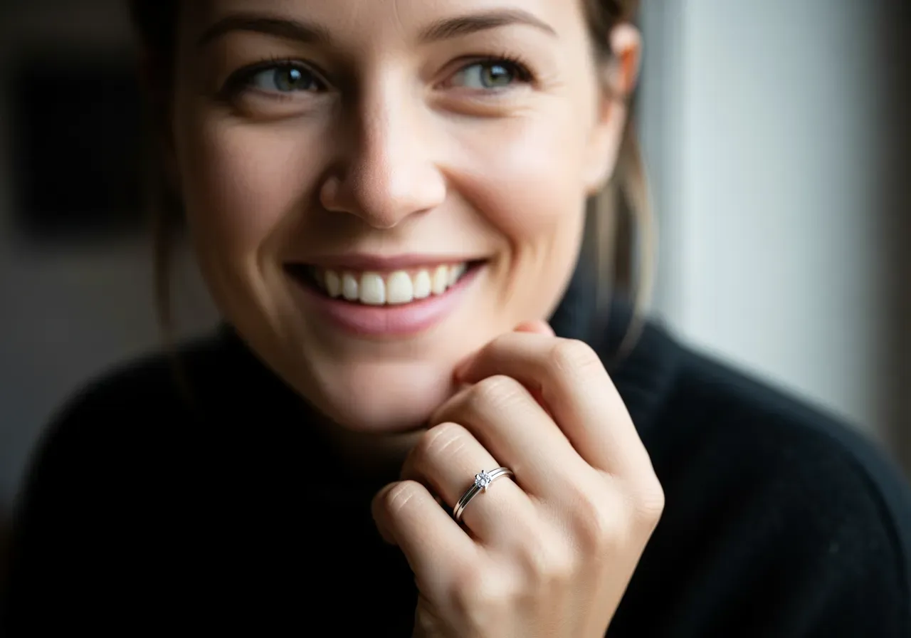 Glad kvinna med silverring