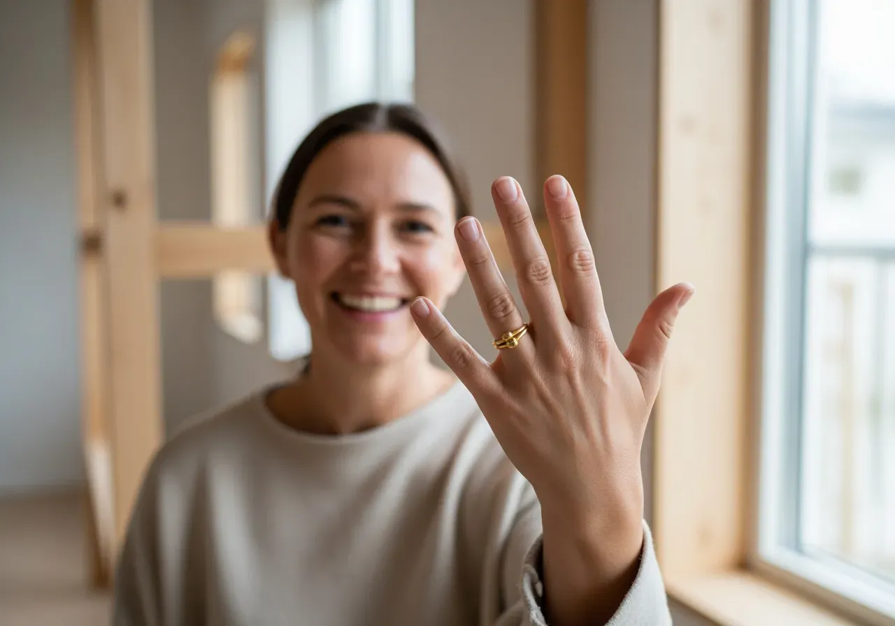 Glad kvinna med guldring på fingret