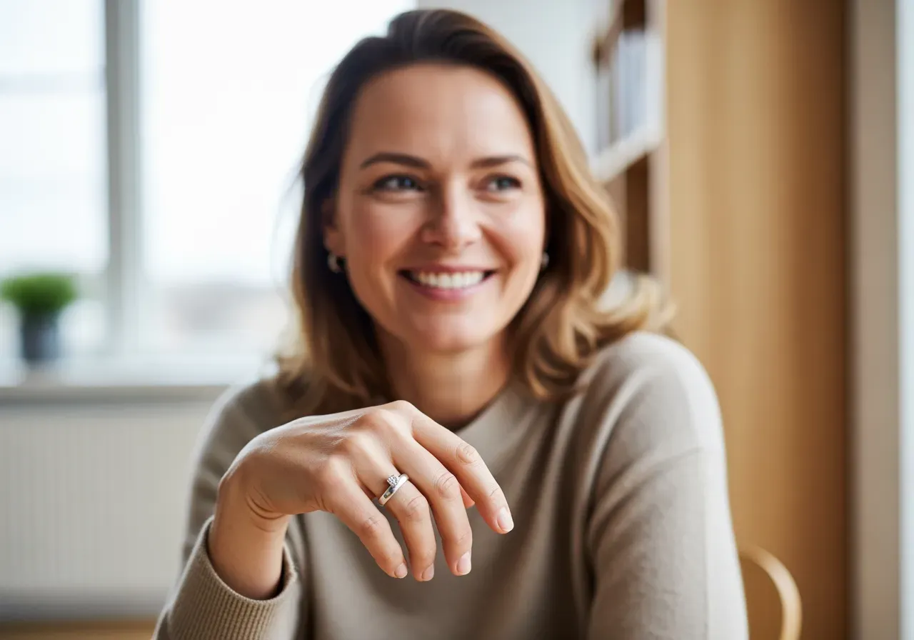 Glad kvinna med silverring