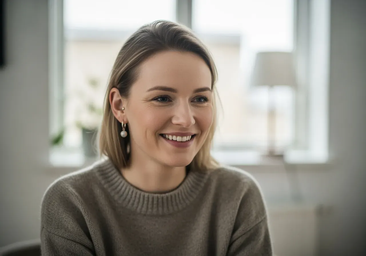 Glad kvinna med örhängen