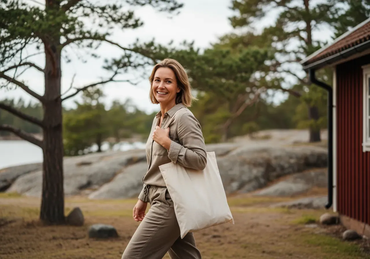 Glad kvinna med toteväska