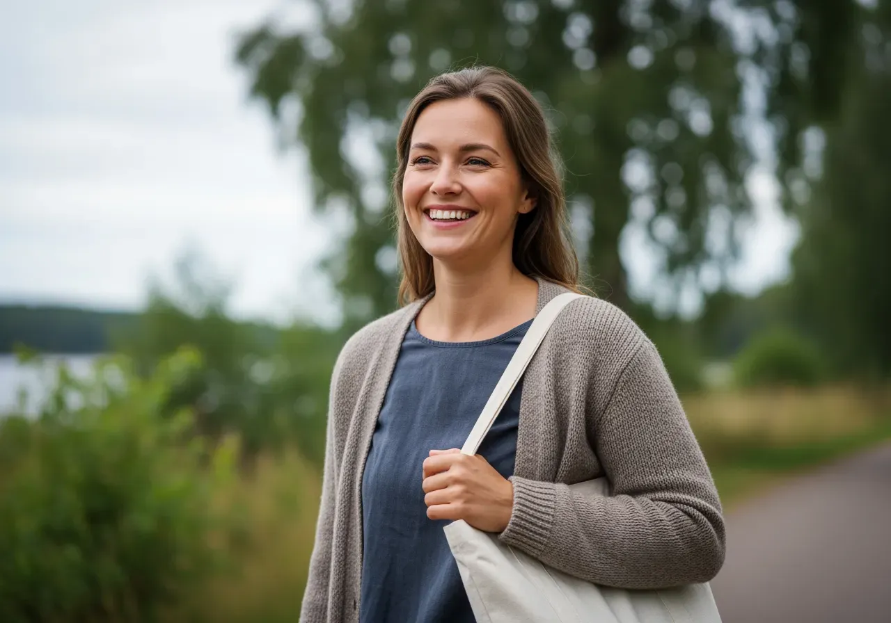 Glad kvinna med toteväska
